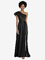 Front View Thumbnail - Black Draped One-Shoulder Flutter Sleeve Maxi Dress with Front Slit