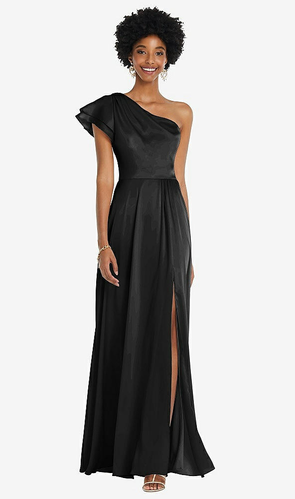 Front View - Black Draped One-Shoulder Flutter Sleeve Maxi Dress with Front Slit