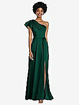 Front View Thumbnail - Hunter Green Draped One-Shoulder Flutter Sleeve Maxi Dress with Front Slit
