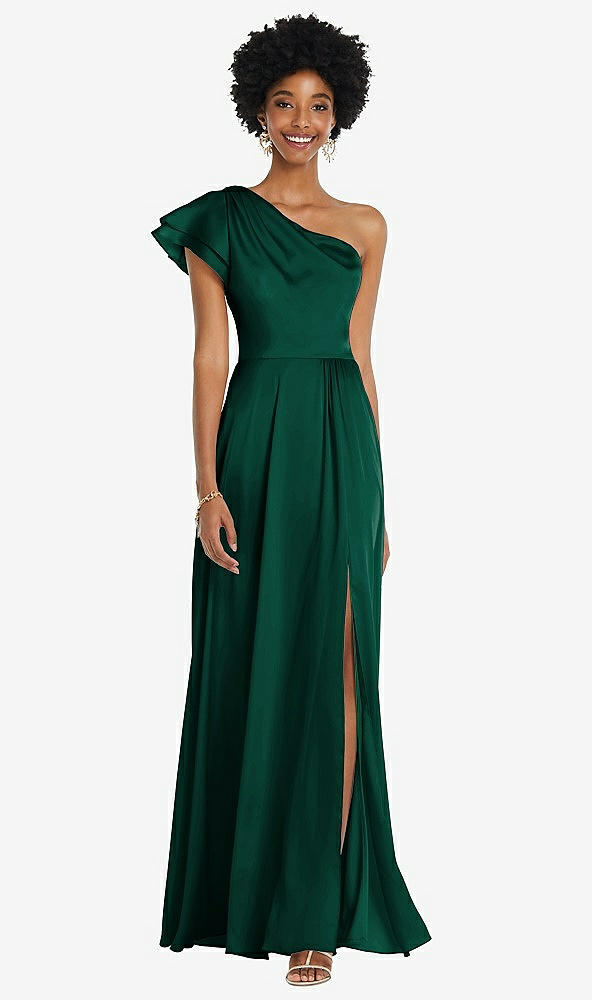 Front View - Hunter Green Draped One-Shoulder Flutter Sleeve Maxi Dress with Front Slit