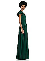 Side View Thumbnail - Hunter Green Draped One-Shoulder Flutter Sleeve Maxi Dress with Front Slit