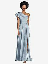 Front View Thumbnail - Mist Draped One-Shoulder Flutter Sleeve Maxi Dress with Front Slit