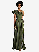 Front View Thumbnail - Olive Green Draped One-Shoulder Flutter Sleeve Maxi Dress with Front Slit