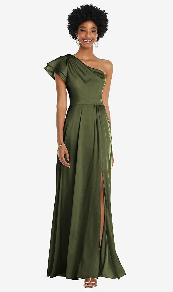 Front View - Olive Green Draped One-Shoulder Flutter Sleeve Maxi Dress with Front Slit