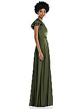 Side View Thumbnail - Olive Green Draped One-Shoulder Flutter Sleeve Maxi Dress with Front Slit