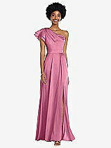 Front View Thumbnail - Orchid Pink Draped One-Shoulder Flutter Sleeve Maxi Dress with Front Slit