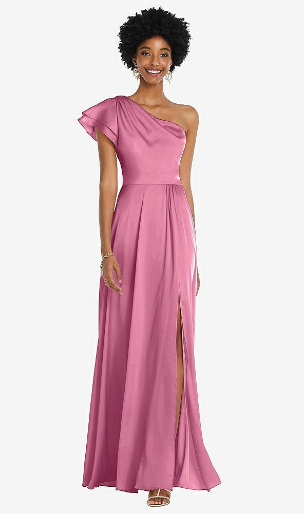 Front View - Orchid Pink Draped One-Shoulder Flutter Sleeve Maxi Dress with Front Slit