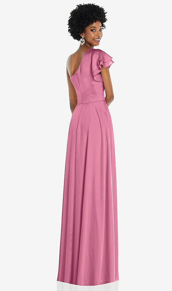 Back View - Orchid Pink Draped One-Shoulder Flutter Sleeve Maxi Dress with Front Slit