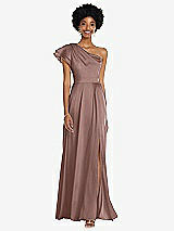 Front View Thumbnail - Sienna Draped One-Shoulder Flutter Sleeve Maxi Dress with Front Slit