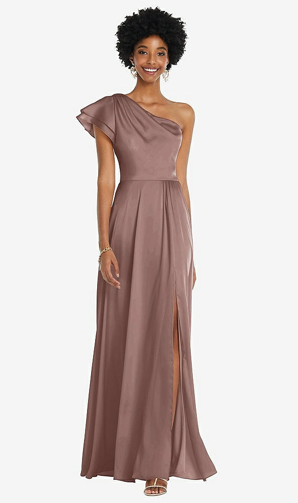 Front View - Sienna Draped One-Shoulder Flutter Sleeve Maxi Dress with Front Slit