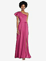 Front View Thumbnail - Tea Rose Draped One-Shoulder Flutter Sleeve Maxi Dress with Front Slit