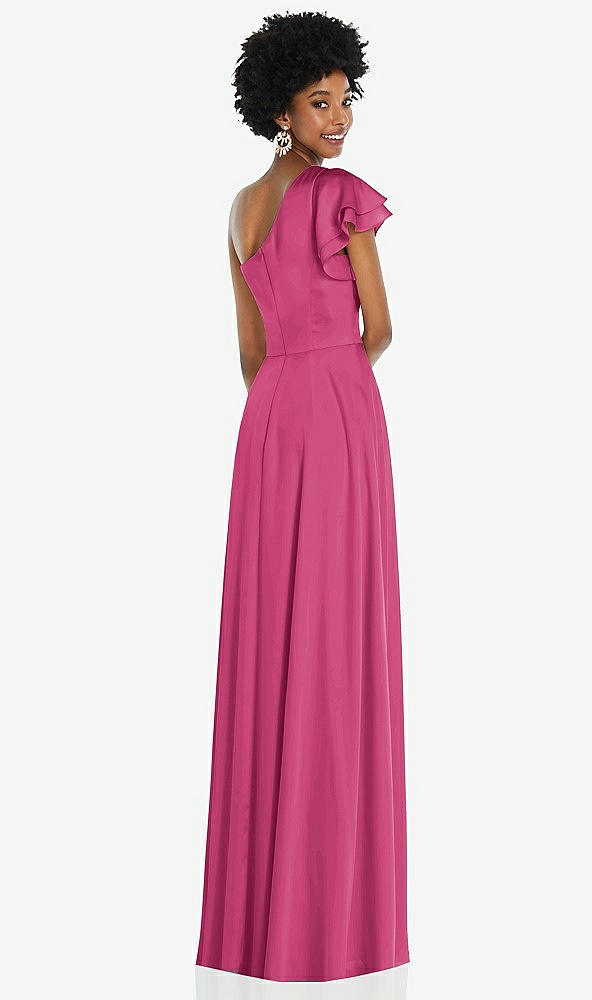 Back View - Tea Rose Draped One-Shoulder Flutter Sleeve Maxi Dress with Front Slit