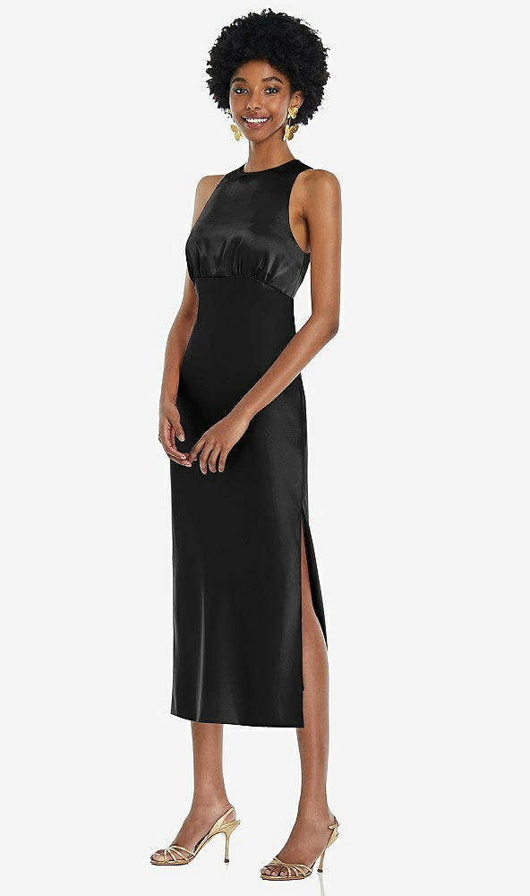 Front View - Black Jewel Neck Sleeveless Midi Dress with Bias Skirt