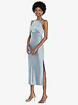 Front View Thumbnail - Mist Jewel Neck Sleeveless Midi Dress with Bias Skirt