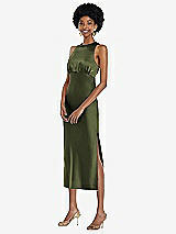 Front View Thumbnail - Olive Green Jewel Neck Sleeveless Midi Dress with Bias Skirt