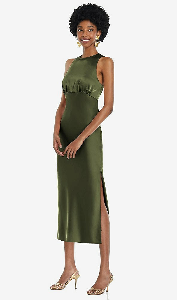 Front View - Olive Green Jewel Neck Sleeveless Midi Dress with Bias Skirt