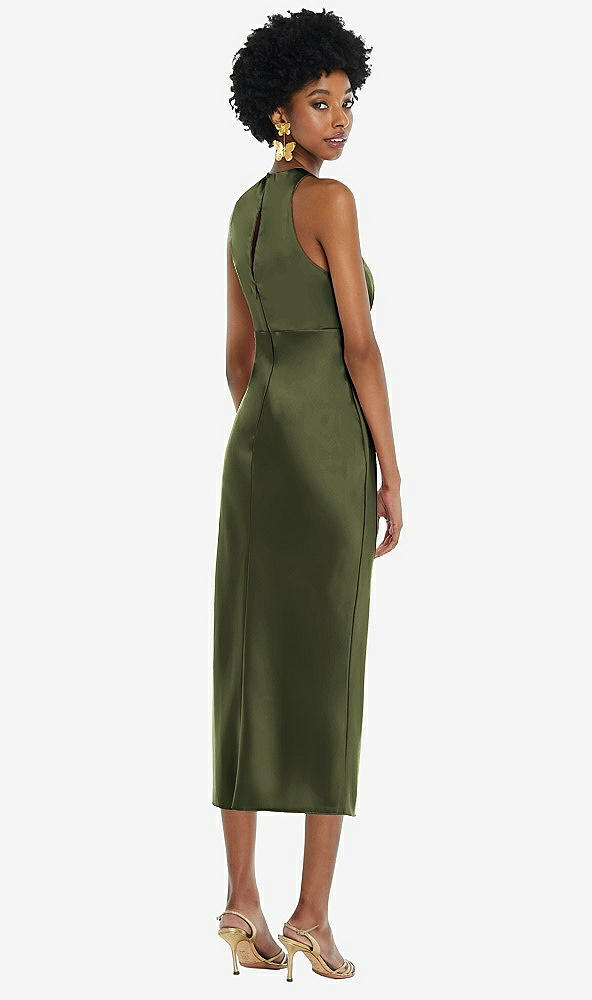 Back View - Olive Green Jewel Neck Sleeveless Midi Dress with Bias Skirt