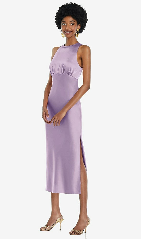 Front View - Pale Purple Jewel Neck Sleeveless Midi Dress with Bias Skirt