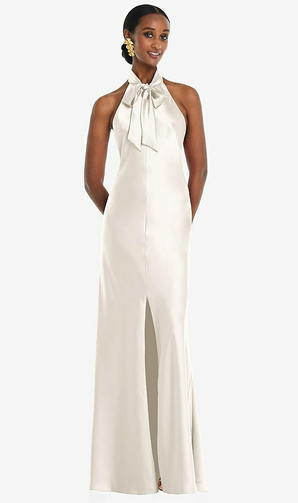 Front View - Ivory Scarf Tie Stand Collar Maxi Dress with Front Slit