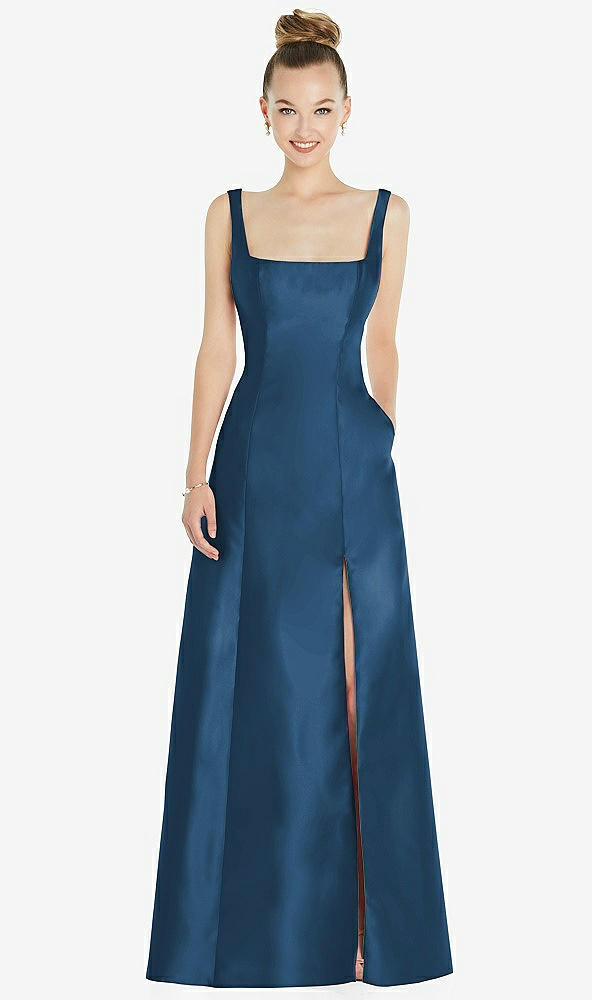 Front View - Dusk Blue Sleeveless Square-Neck Princess Line Gown with Pockets