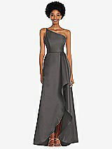 Alt View 1 Thumbnail - Caviar Gray One-Shoulder Satin Gown with Draped Front Slit and Pockets