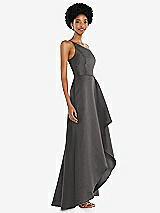 Alt View 2 Thumbnail - Caviar Gray One-Shoulder Satin Gown with Draped Front Slit and Pockets