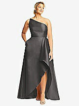 Front View Thumbnail - Caviar Gray One-Shoulder Satin Gown with Draped Front Slit and Pockets