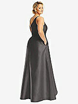 Rear View Thumbnail - Caviar Gray One-Shoulder Satin Gown with Draped Front Slit and Pockets