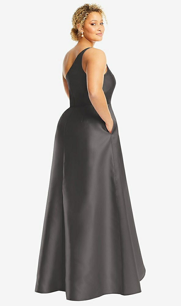 Back View - Caviar Gray One-Shoulder Satin Gown with Draped Front Slit and Pockets