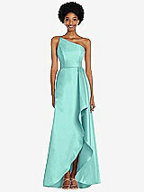 Alt View 1 Thumbnail - Coastal One-Shoulder Satin Gown with Draped Front Slit and Pockets