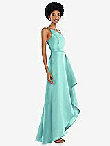Alt View 2 Thumbnail - Coastal One-Shoulder Satin Gown with Draped Front Slit and Pockets
