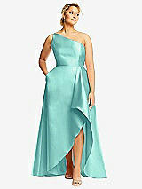 Front View Thumbnail - Coastal One-Shoulder Satin Gown with Draped Front Slit and Pockets