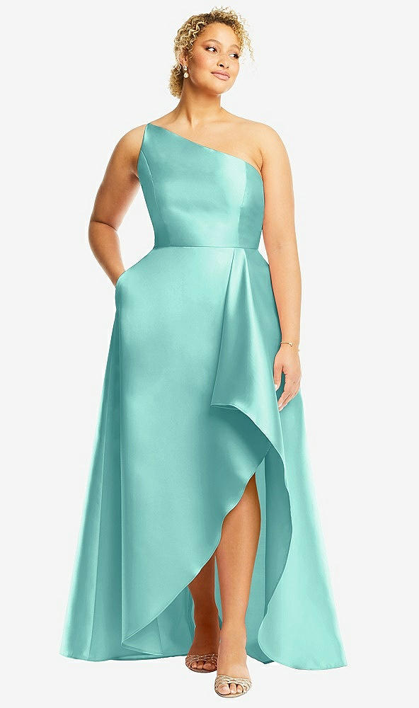 Front View - Coastal One-Shoulder Satin Gown with Draped Front Slit and Pockets