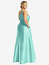 Rear View Thumbnail - Coastal One-Shoulder Satin Gown with Draped Front Slit and Pockets