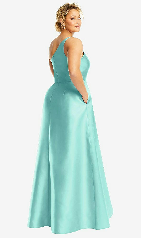 Back View - Coastal One-Shoulder Satin Gown with Draped Front Slit and Pockets