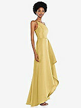Alt View 2 Thumbnail - Maize One-Shoulder Satin Gown with Draped Front Slit and Pockets