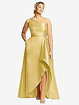 Front View Thumbnail - Maize One-Shoulder Satin Gown with Draped Front Slit and Pockets