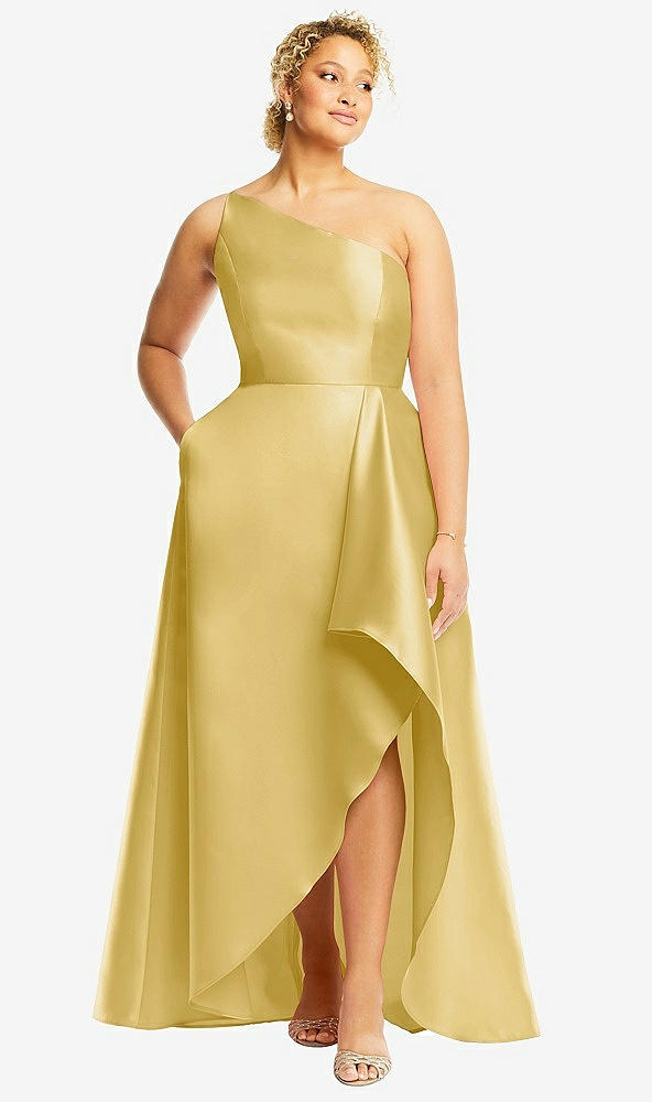 Front View - Maize One-Shoulder Satin Gown with Draped Front Slit and Pockets