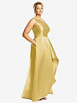 Side View Thumbnail - Maize One-Shoulder Satin Gown with Draped Front Slit and Pockets