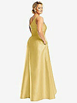 Rear View Thumbnail - Maize One-Shoulder Satin Gown with Draped Front Slit and Pockets