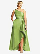 Front View Thumbnail - Mojito One-Shoulder Satin Gown with Draped Front Slit and Pockets