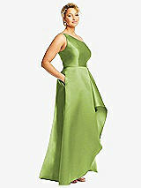 Side View Thumbnail - Mojito One-Shoulder Satin Gown with Draped Front Slit and Pockets