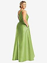 Rear View Thumbnail - Mojito One-Shoulder Satin Gown with Draped Front Slit and Pockets