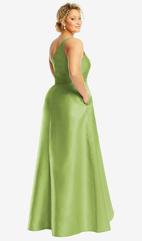 Back View - Mojito One-Shoulder Satin Gown with Draped Front Slit and Pockets