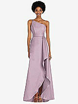 Alt View 1 Thumbnail - Suede Rose One-Shoulder Satin Gown with Draped Front Slit and Pockets