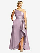 Front View Thumbnail - Suede Rose One-Shoulder Satin Gown with Draped Front Slit and Pockets