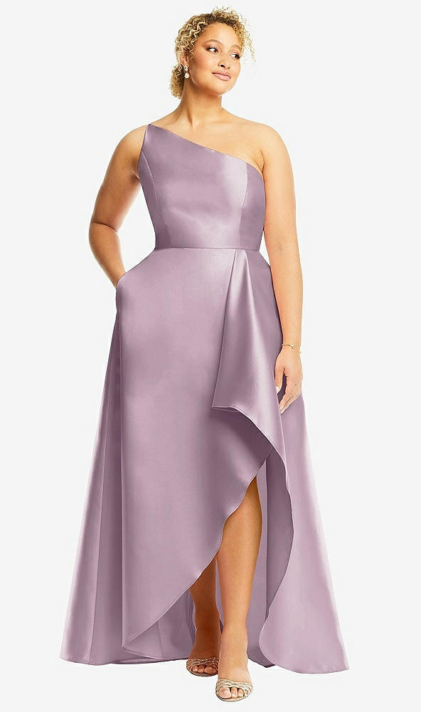 Front View - Suede Rose One-Shoulder Satin Gown with Draped Front Slit and Pockets
