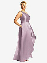 Side View Thumbnail - Suede Rose One-Shoulder Satin Gown with Draped Front Slit and Pockets