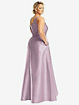 Rear View Thumbnail - Suede Rose One-Shoulder Satin Gown with Draped Front Slit and Pockets