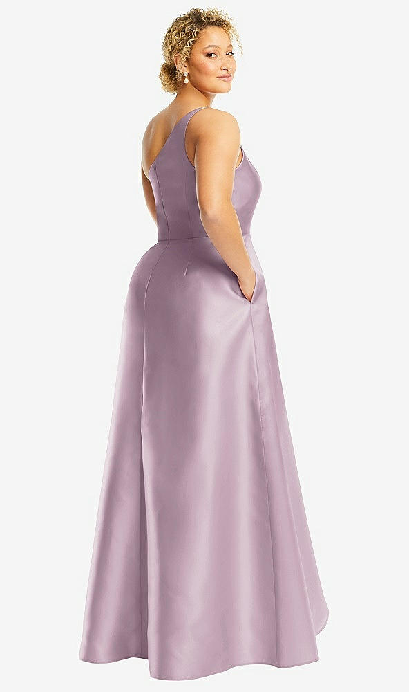 Back View - Suede Rose One-Shoulder Satin Gown with Draped Front Slit and Pockets